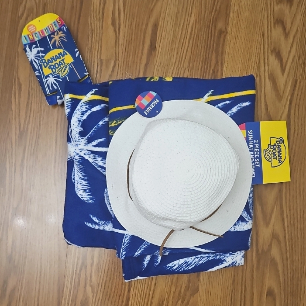 NEW Banana Boat 2 Piece Set Sun Hat & Beach Towel Bundle + Bonus Gift UPF